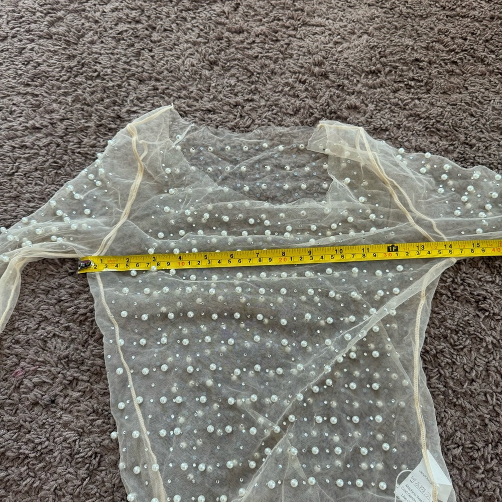 Sheer Pearl Beaded Mesh Top Nude Champagne Long Sleeve Evening Blouse XS NEW - Picture 10 of 10